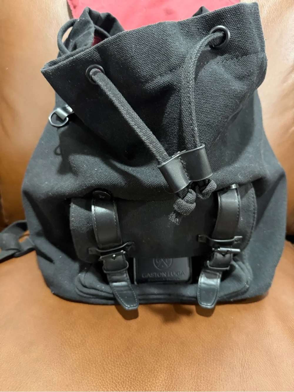 Black Canvas Backpack with Leather Trim